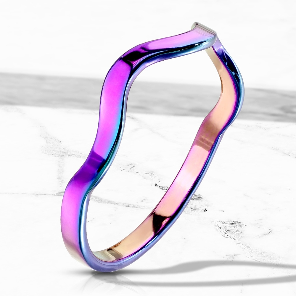 Wavy Line Stackable Rainbow IP Stainless Steel Ring